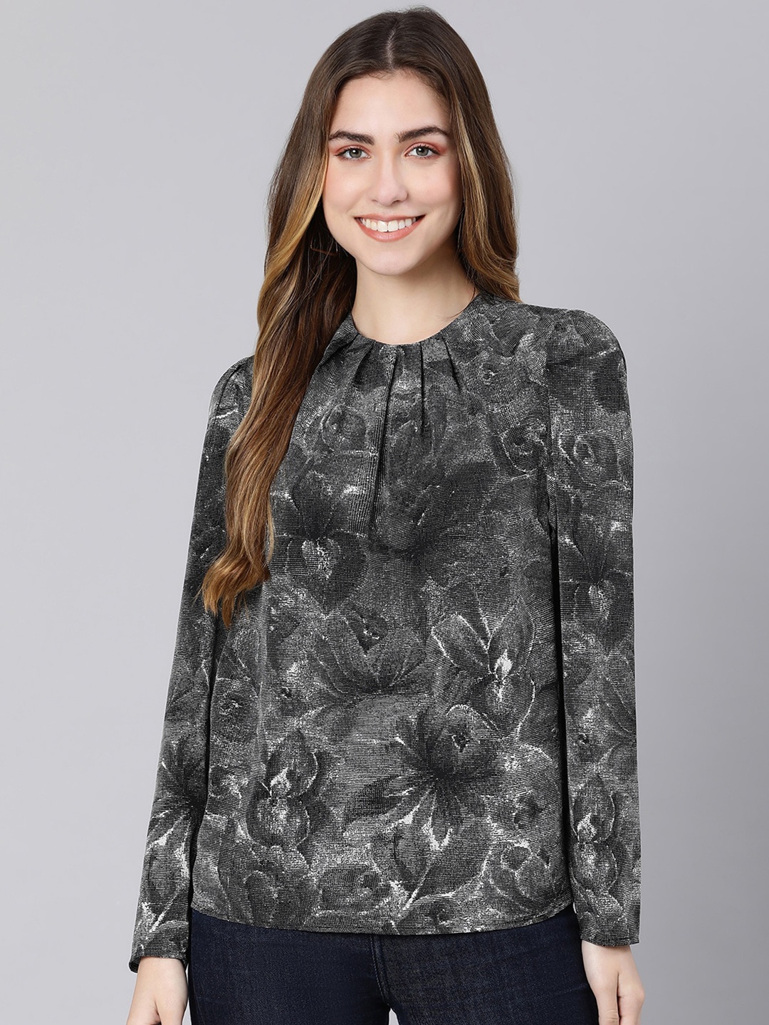 

Oxolloxo Black & Grey Floral Printed Full Sleeves Satin Top