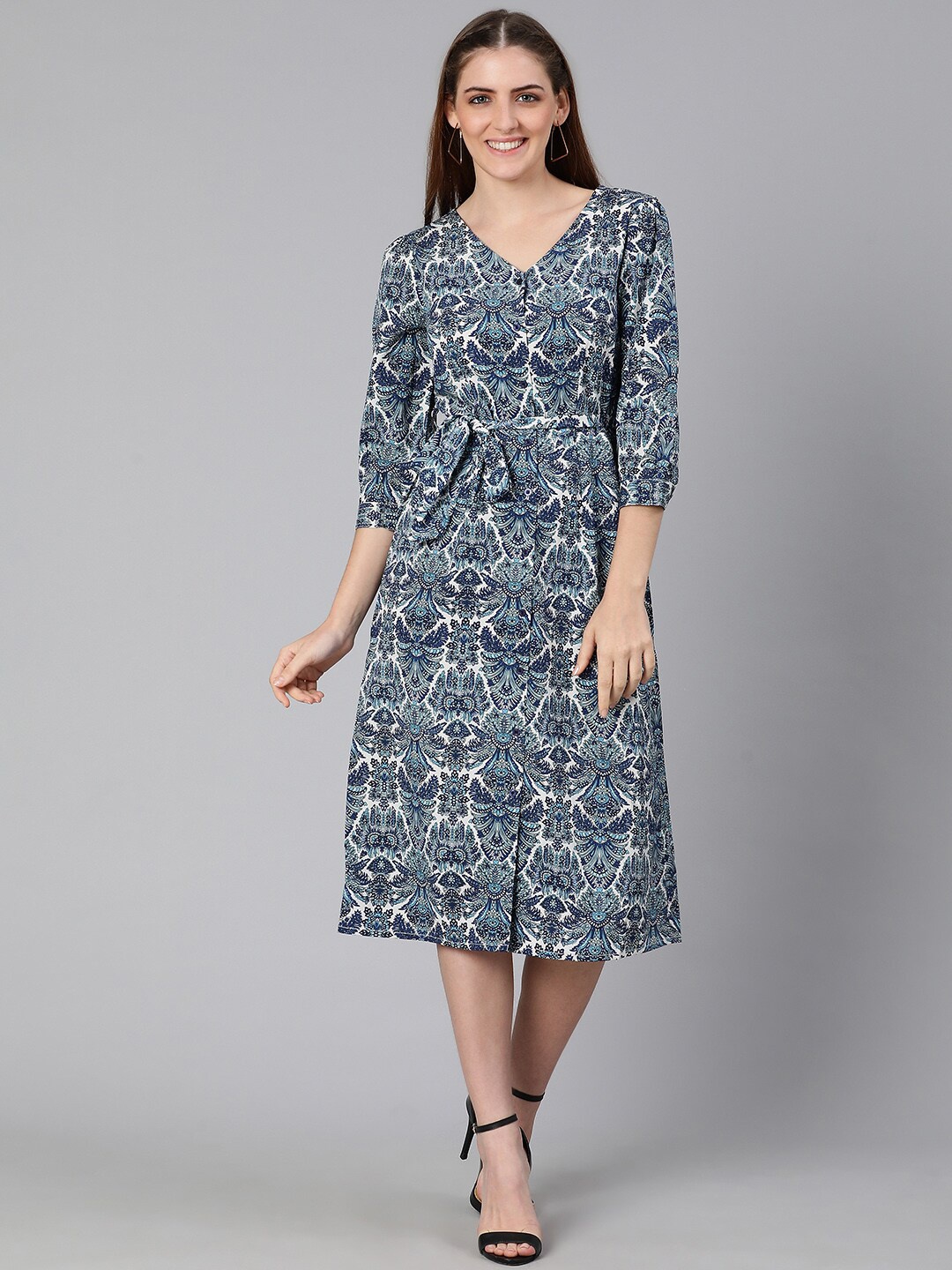 

Oxolloxo Blue Ethnic Motifs Satin Sheath Midi Dress