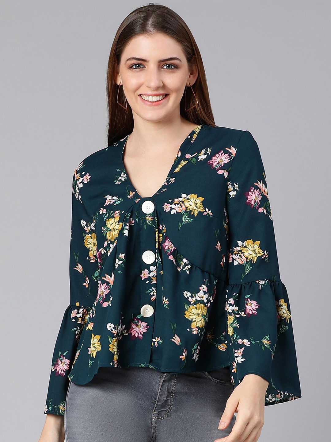 

Oxolloxo Women Green & Yellow Floral Print Shirt Style Top