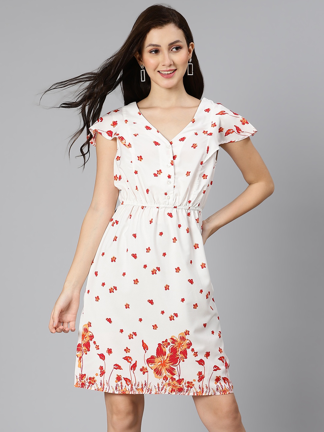 

Oxolloxo White & Red Floral V-Neck Satin Dress