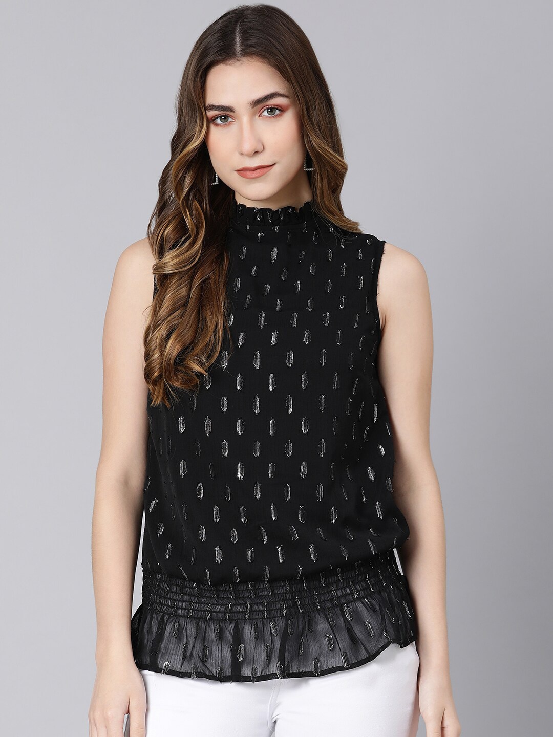 

Oxolloxo Black Geometric Print Ruffles Blouson Top