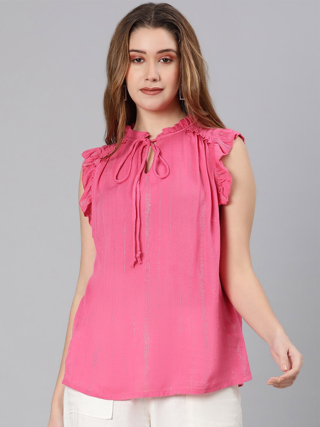 

Oxolloxo Pink Tie-Up Neck Ruffles Crepe Top