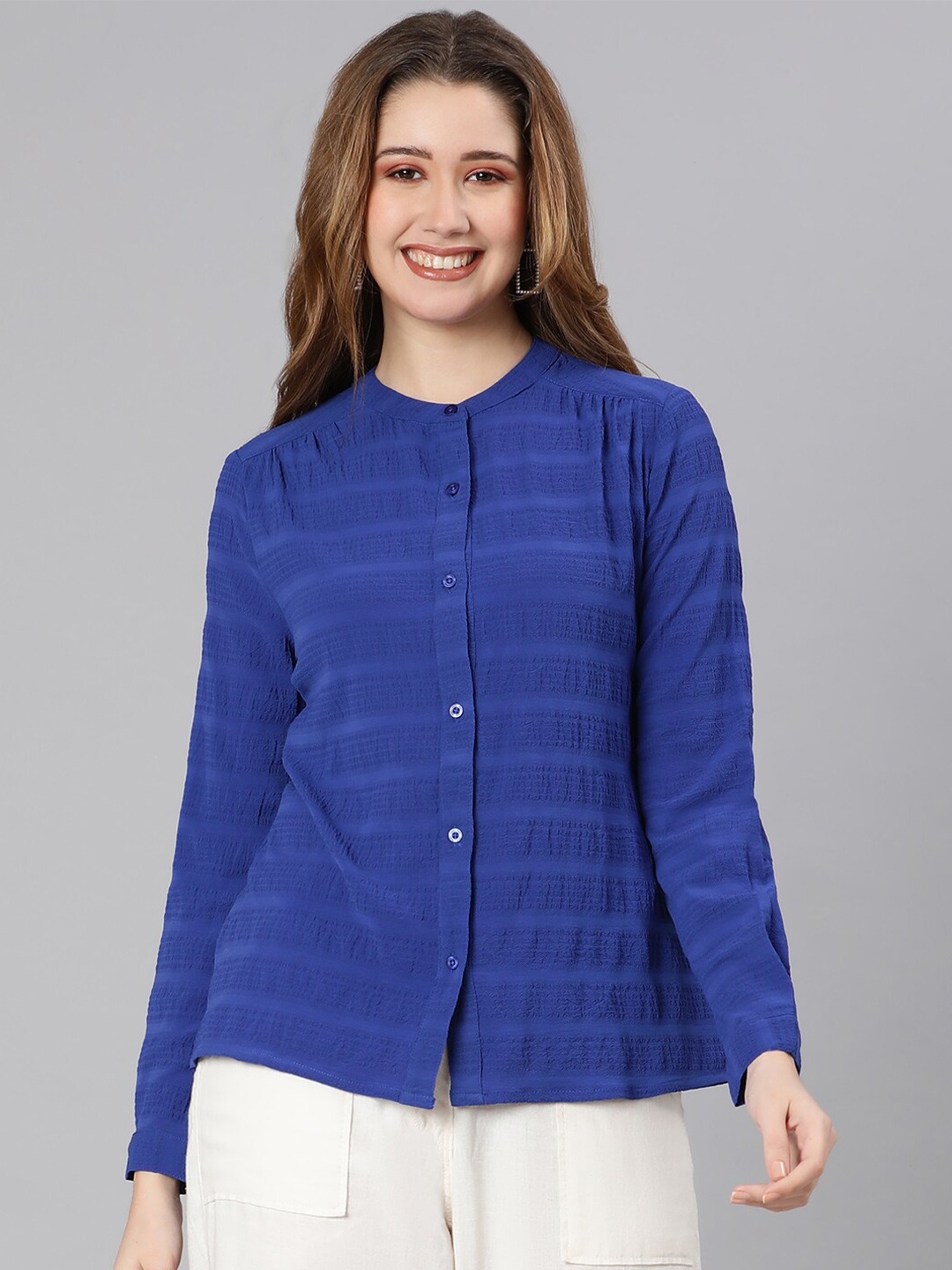 

Oxolloxo Women Blue Comfort Striped Casual Shirt