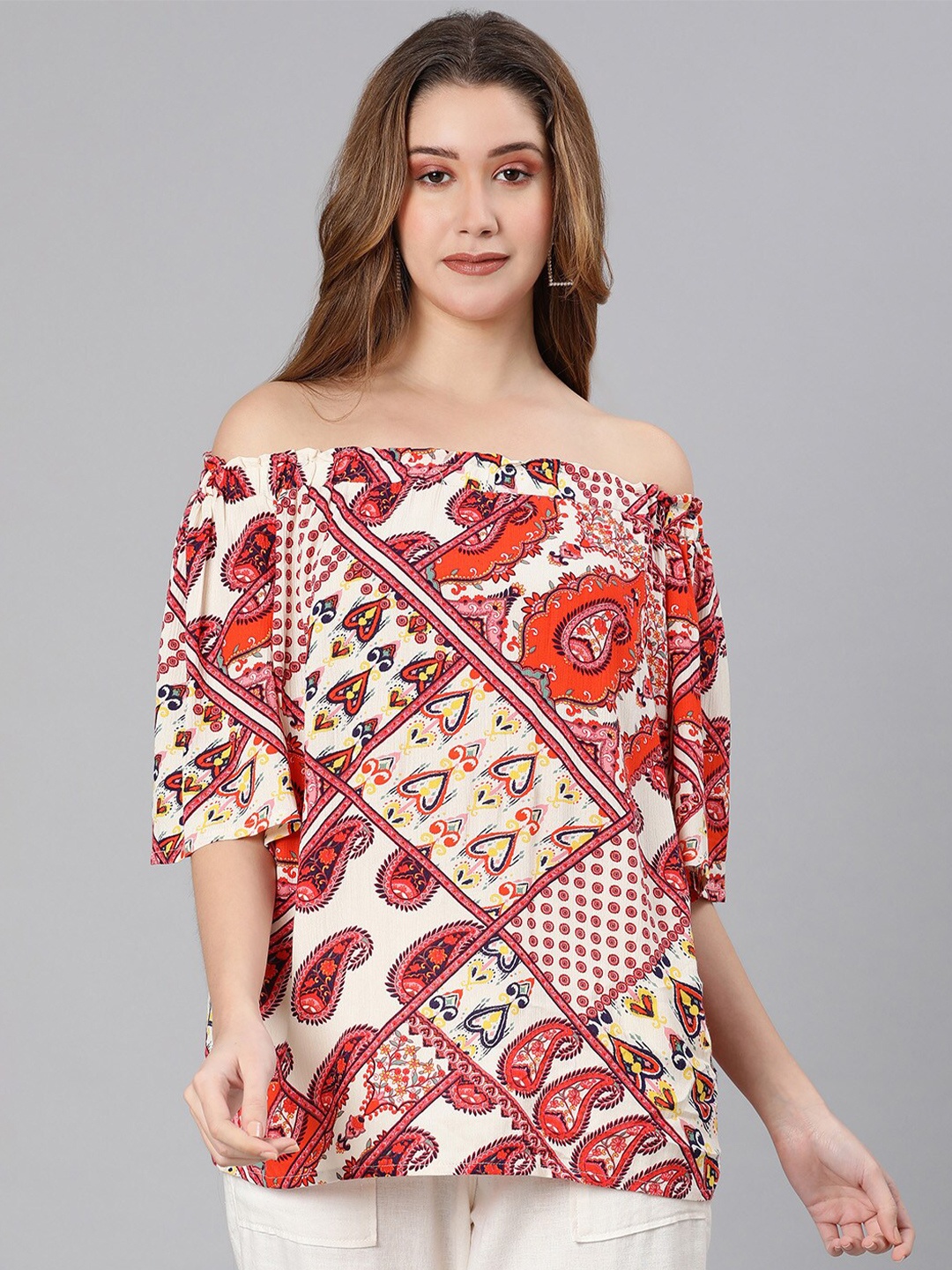 

Oxolloxo White & Orange Print Off-Shoulder Crepe Bardot Top