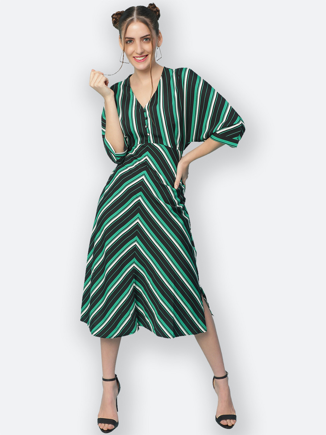 

Oxolloxo Women Black & Green Striped Satin A-Line Midi Dress