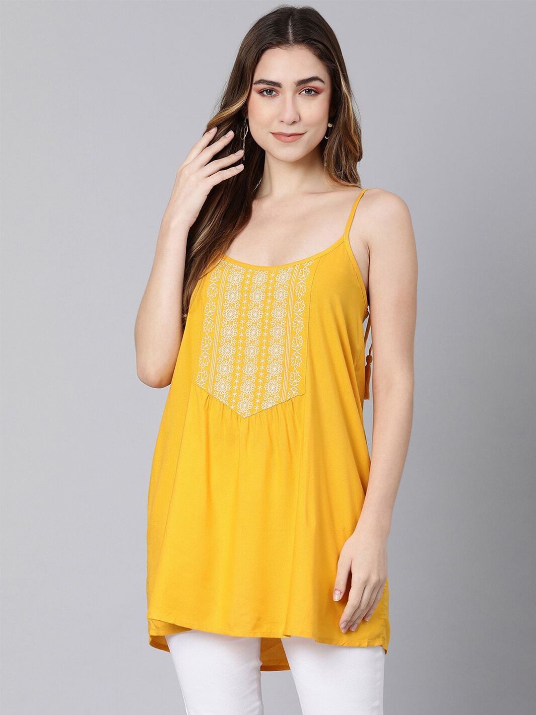 

Oxolloxo Yellow & White Embroidered Viscose Rayon Tunic