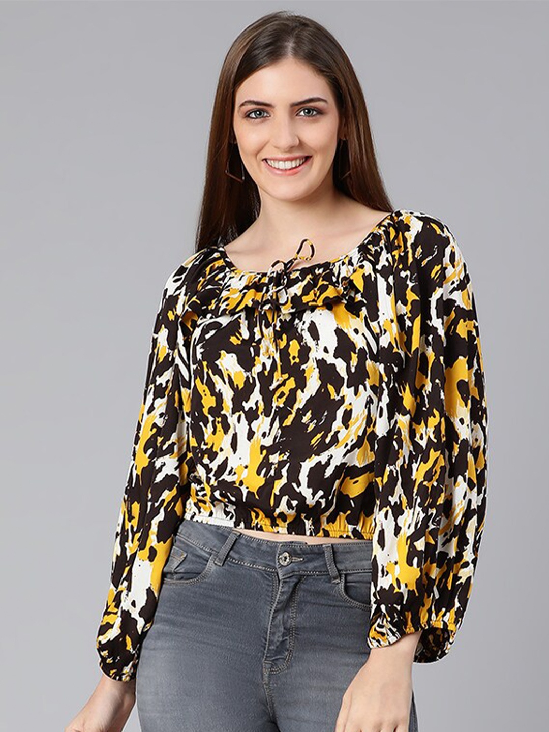 

Oxolloxo Black & Yellow Print Ruffles Blouson Top