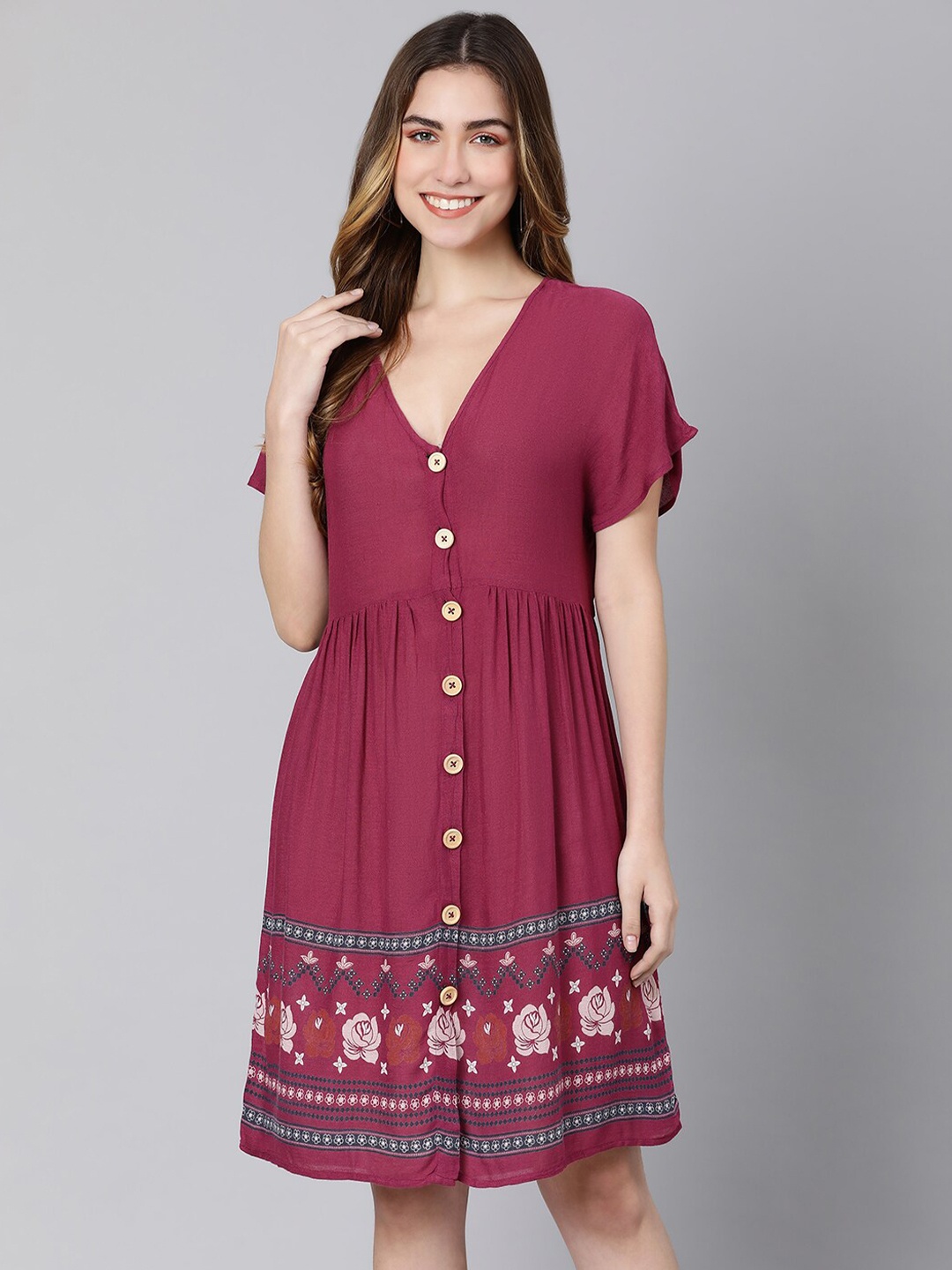 

Oxolloxo Women Maroon Ethnic Motifs Printed Crepe Shirt Style Dress