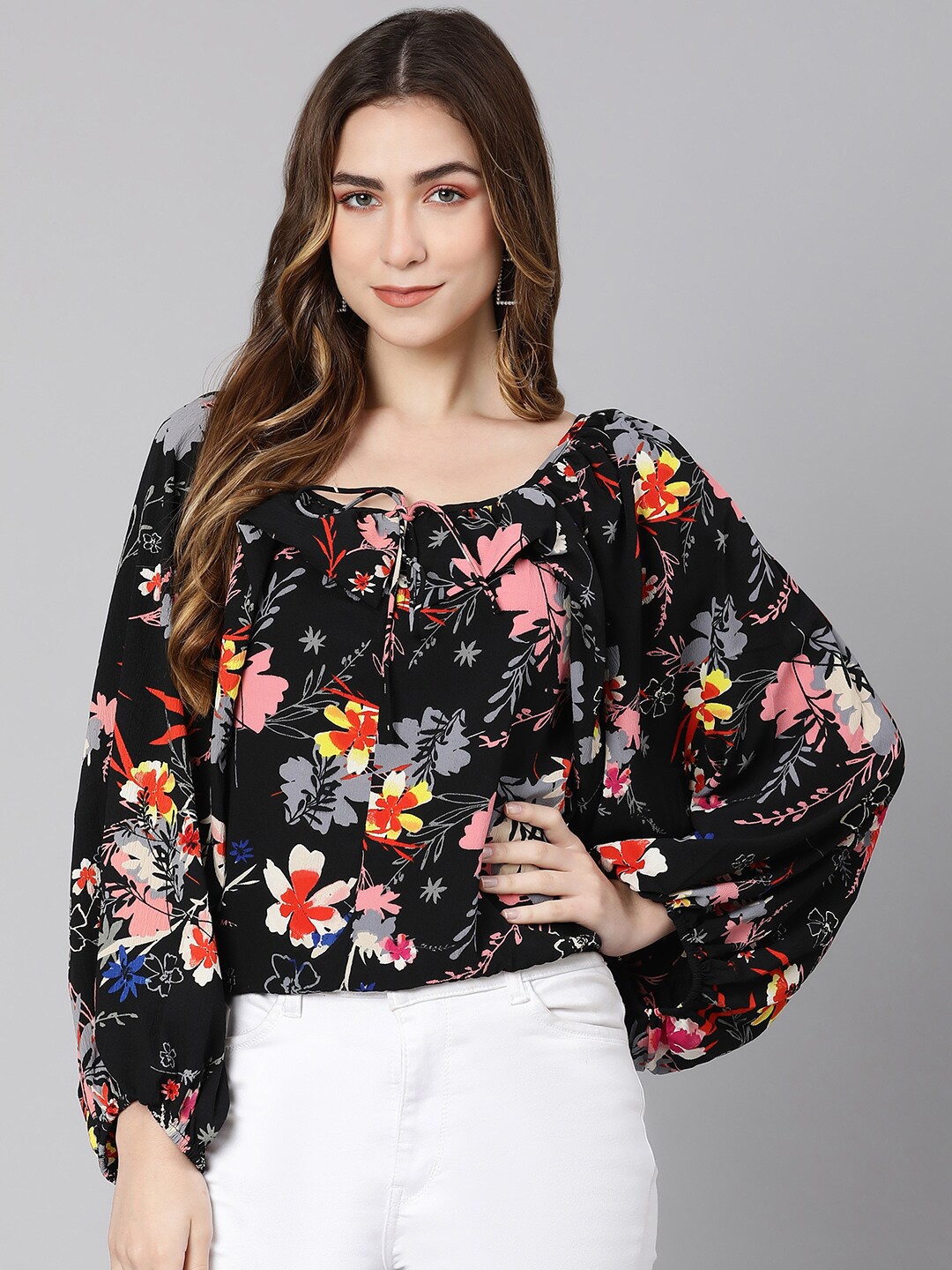 

Oxolloxo Black & Pink Floral Print Top