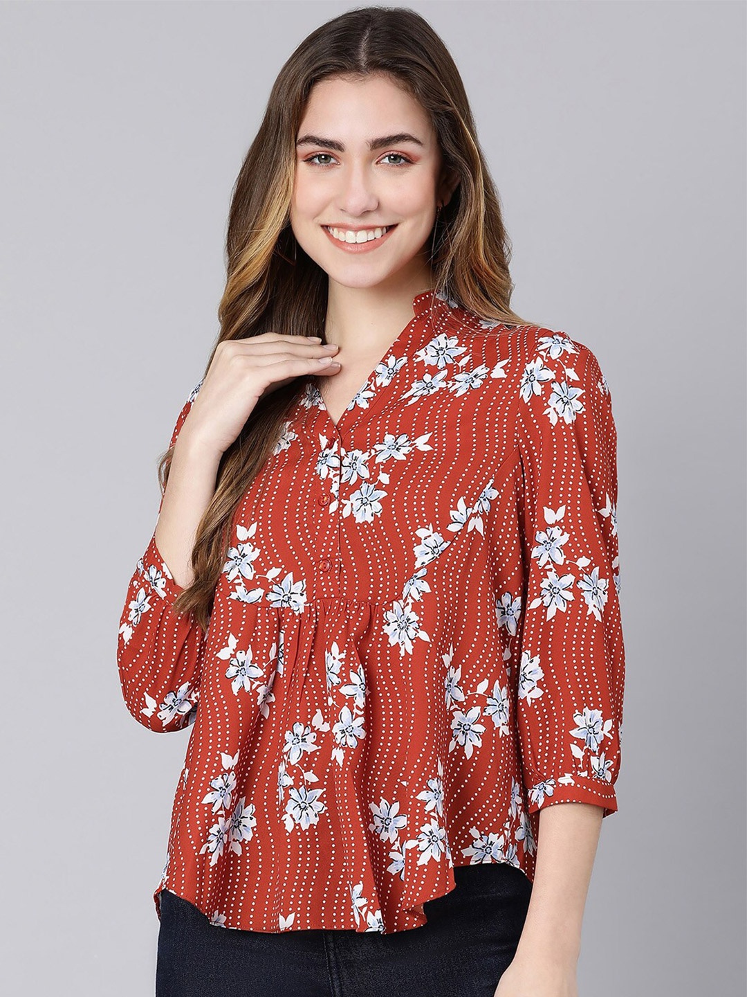 

Oxolloxo Women Rust Floral Print Mandarin Collar Top