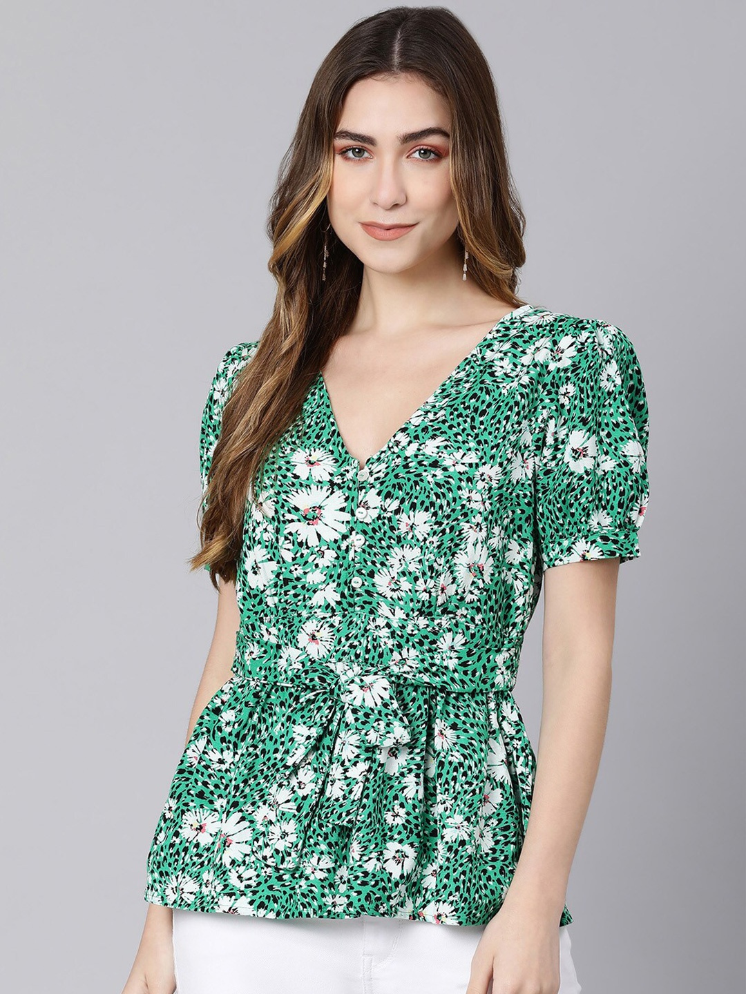 

Oxolloxo Green & White Floral Print Top