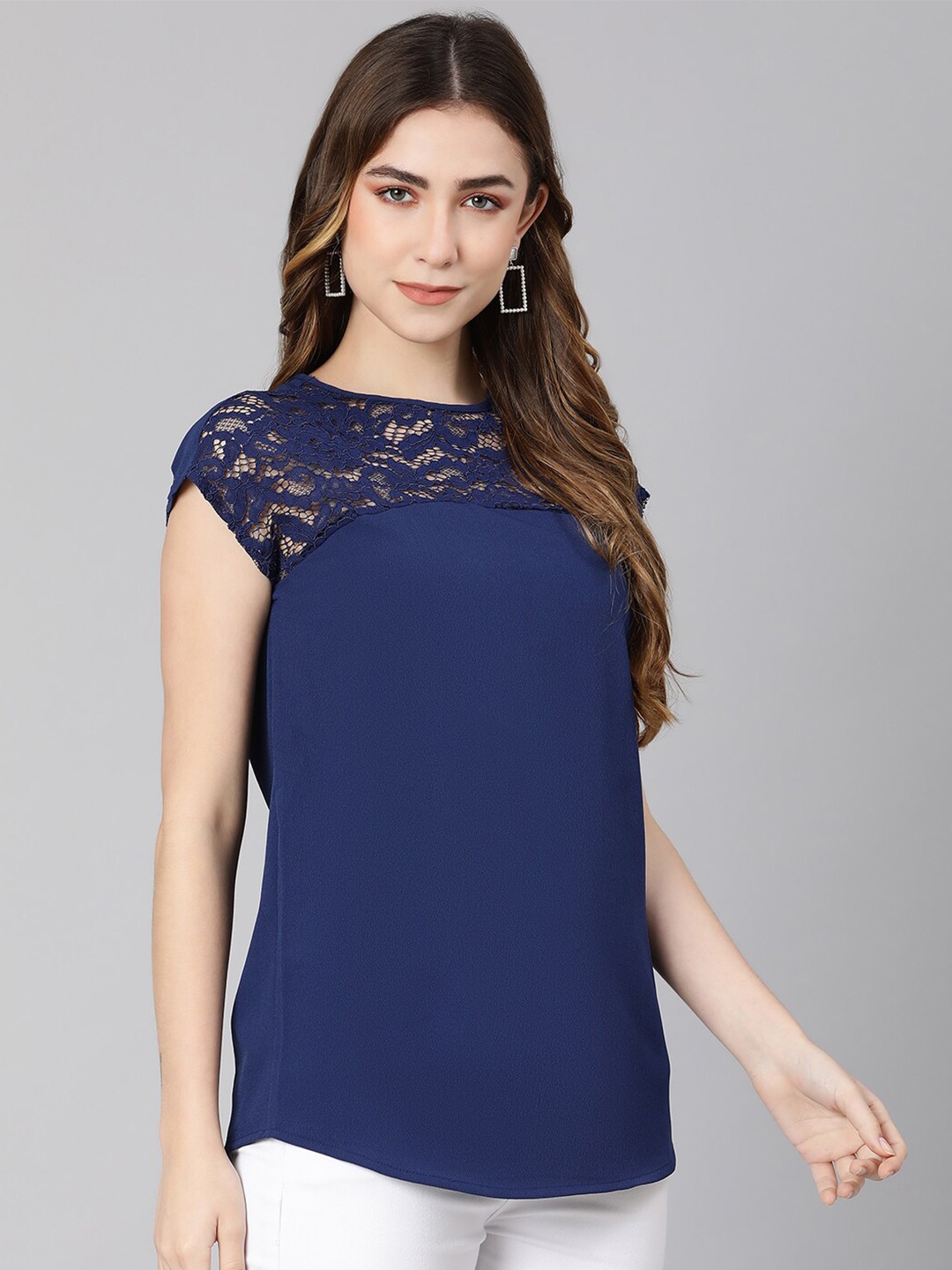 

Oxolloxo Blue Extended Sleeves Lace Inserts Top