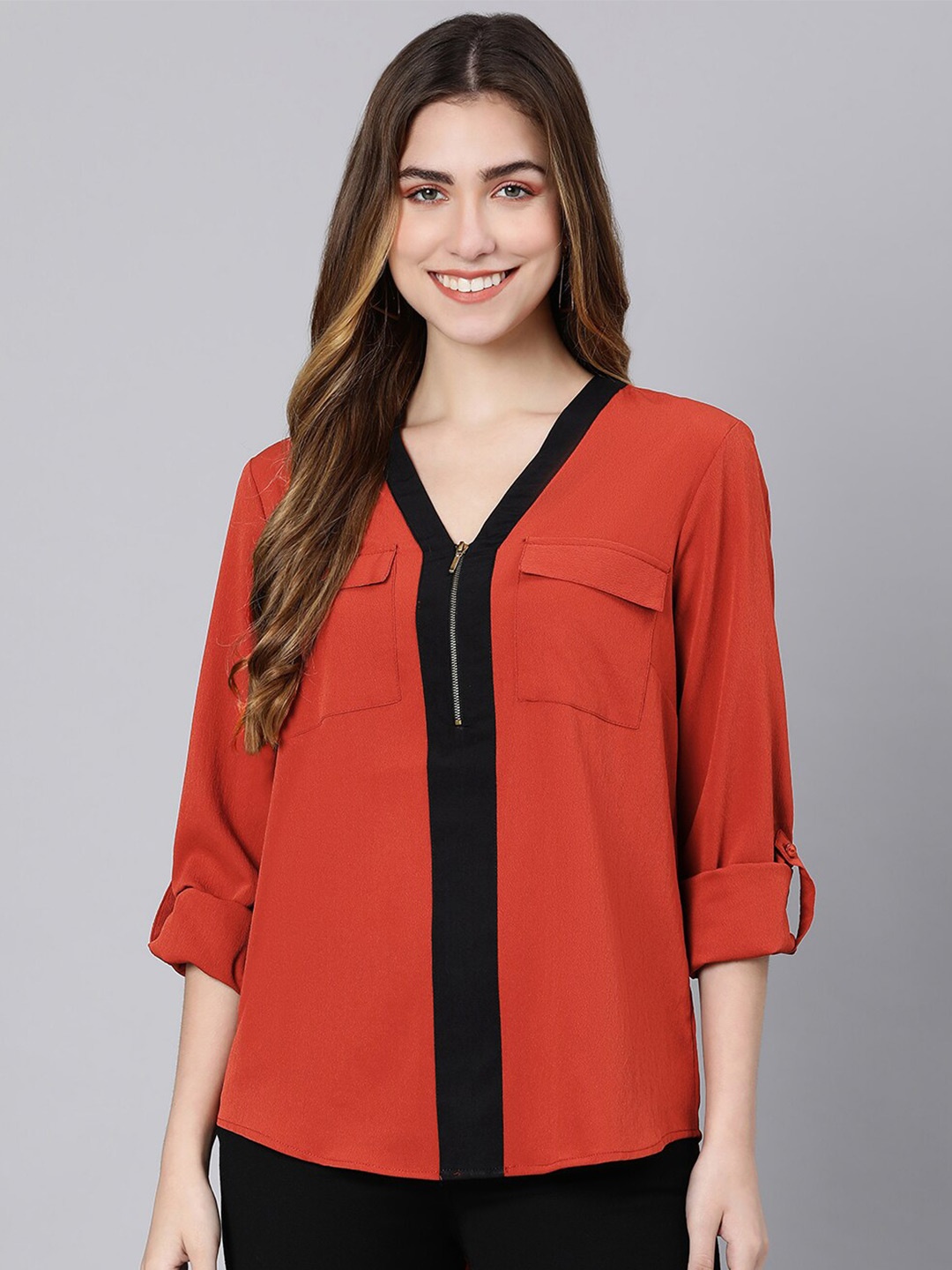 

Oxolloxo Rust & Black Roll-Up Sleeves Top