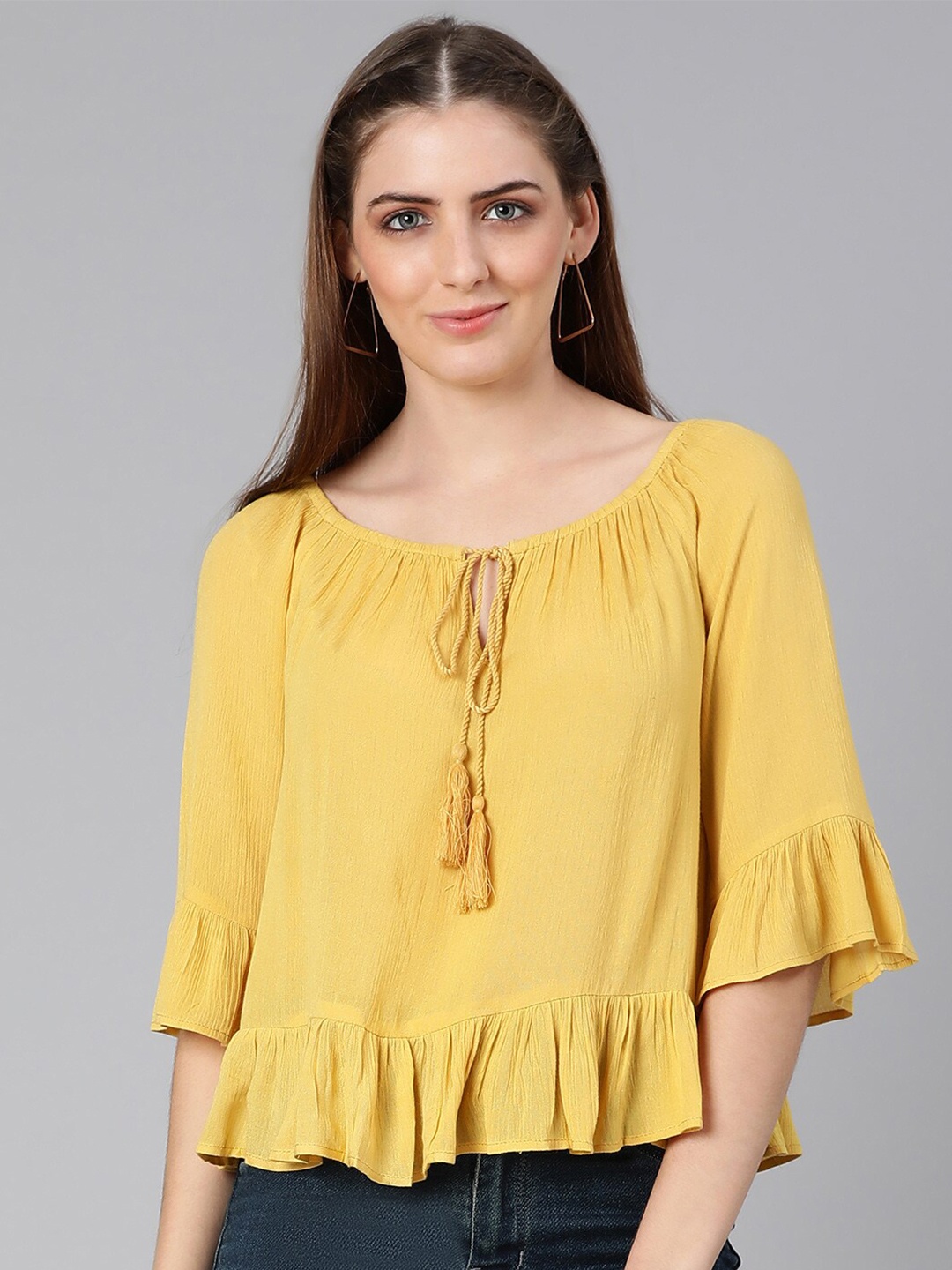 

Oxolloxo Yellow Tie-Up Neck Ruffles Crepe Top