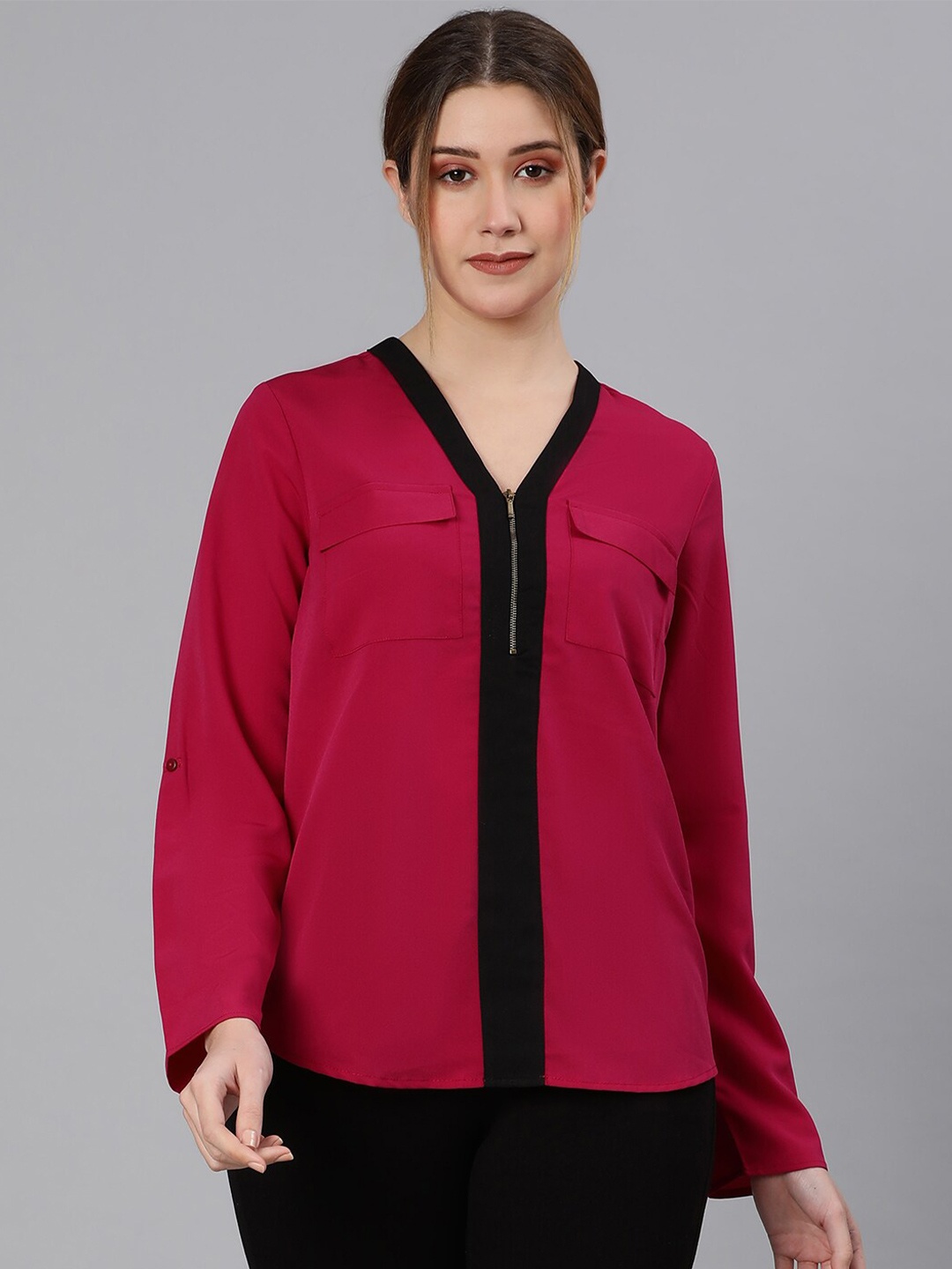 

Oxolloxo Maroon & Black Colourblocked Top With Pocket Detailing
