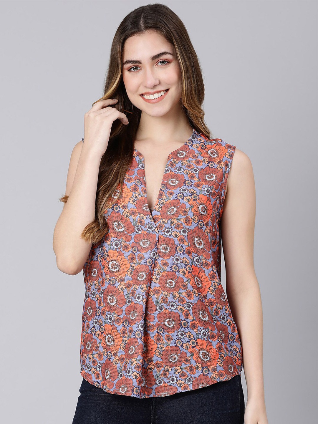 

Oxolloxo Brown & Blue Floral Digital Printed Top