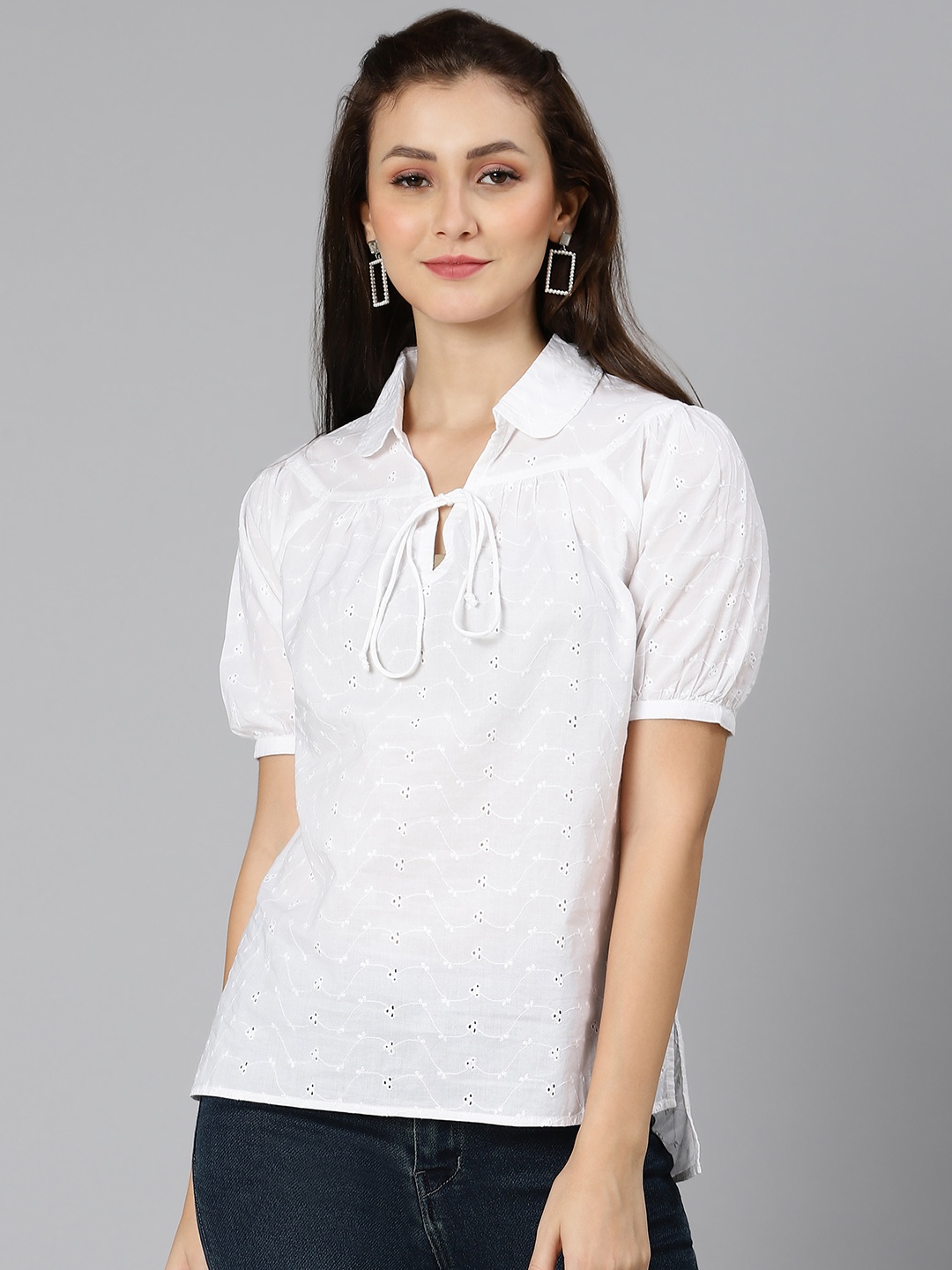 

Oxolloxo White Tie-Up Neck Pure Cotton Top
