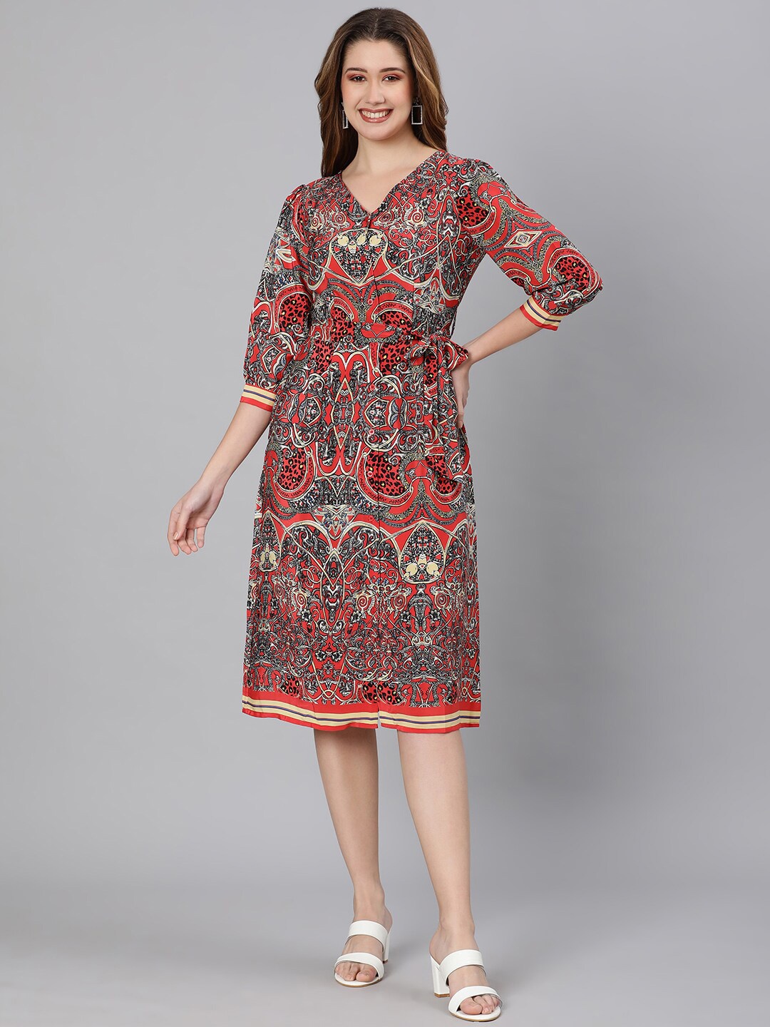 

Oxolloxo Red & Beige Ethnic Motifs Satin A-Line Dress