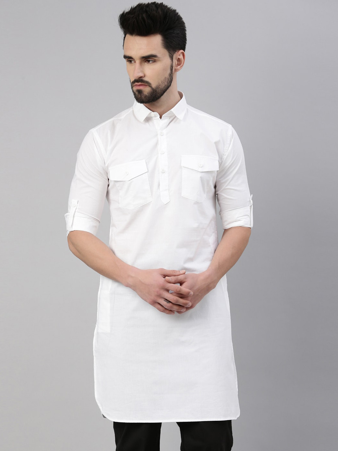 

WHITE HEART Men White Solid Pathani Kurta