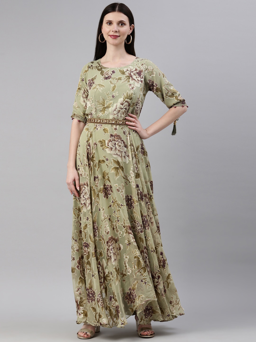 

Neerus Women Green & Brown Floral Georgette Maxi Dress