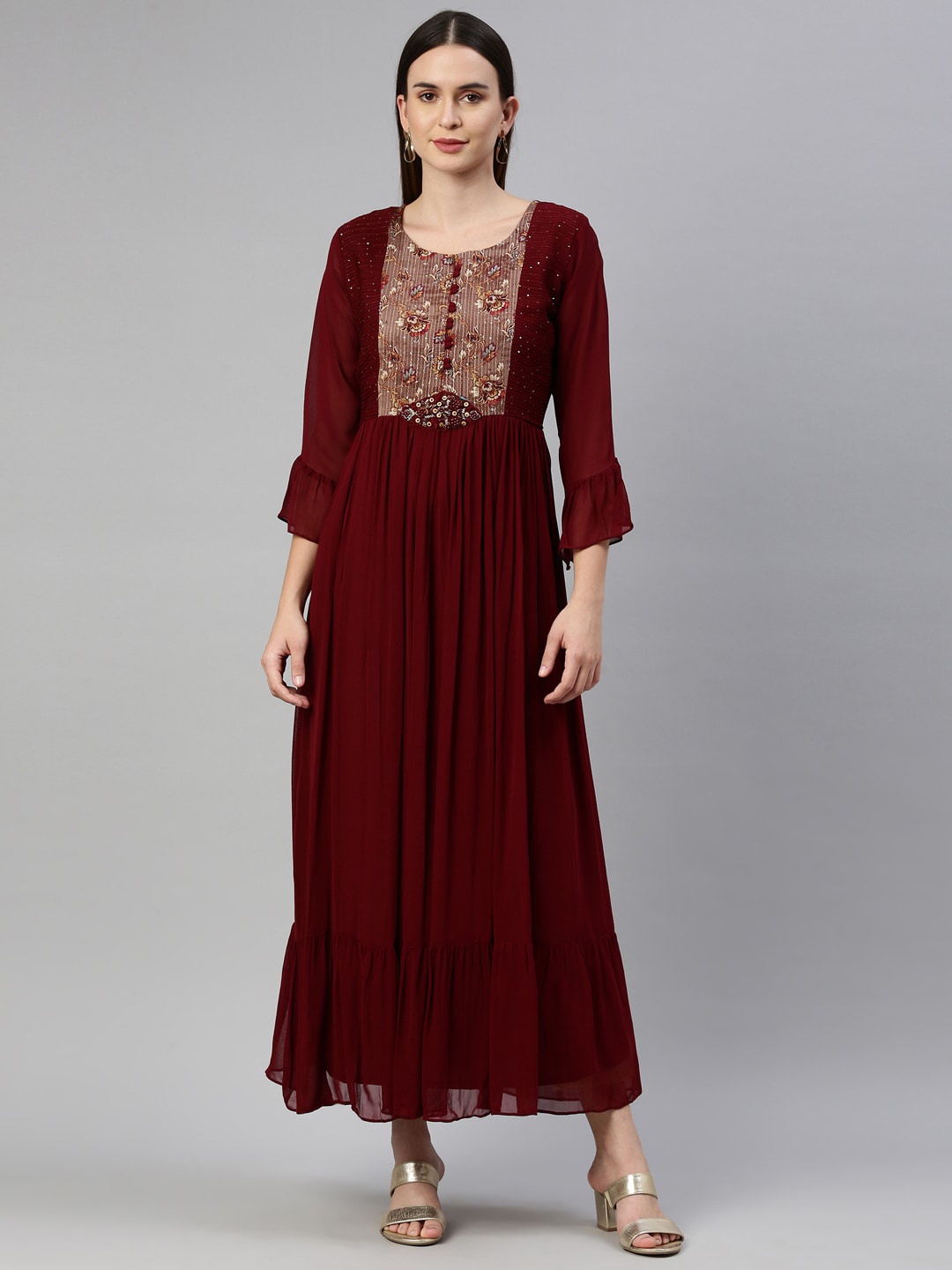 

Neerus Women Maroon Yoke Design Georgette Maxi Dress
