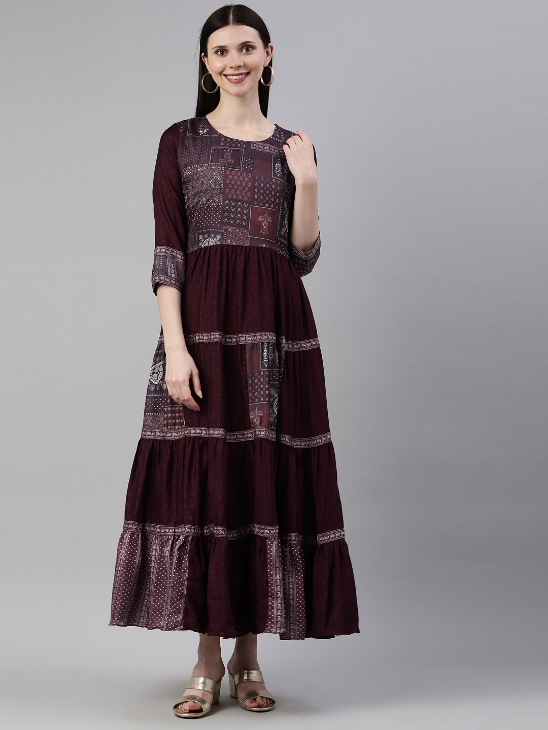 

Neerus Purple Ethnic Motifs Georgette Maxi Dress