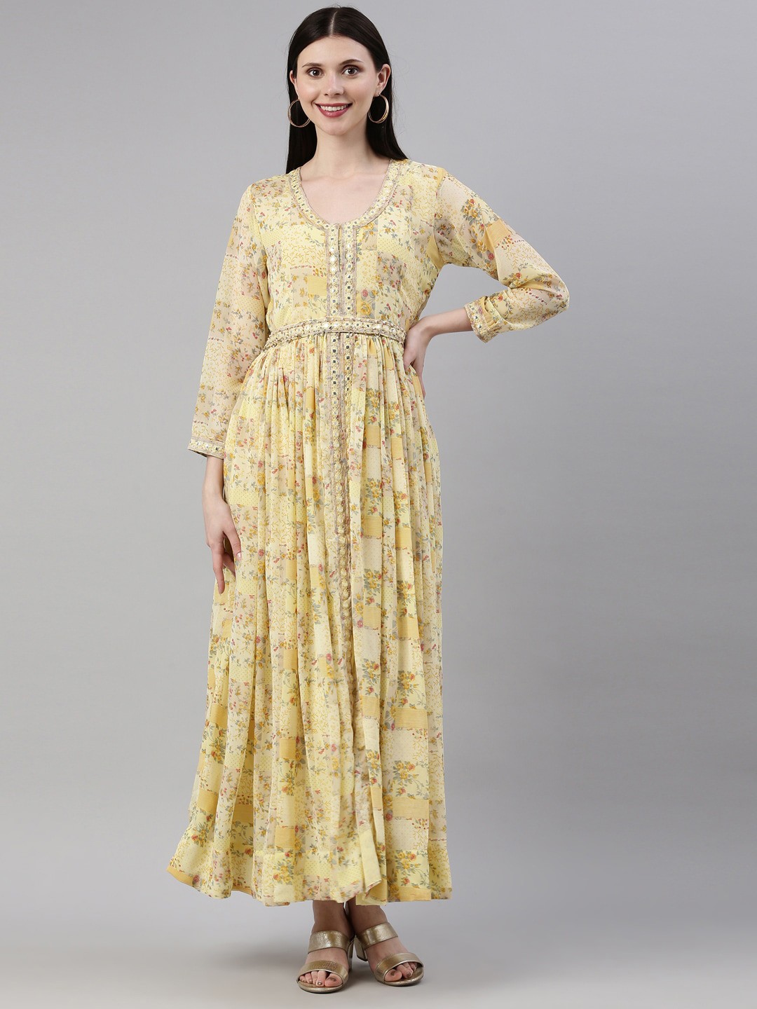 

Neerus Women Yellow Floral Printed Georgette Fit & Flare Dress