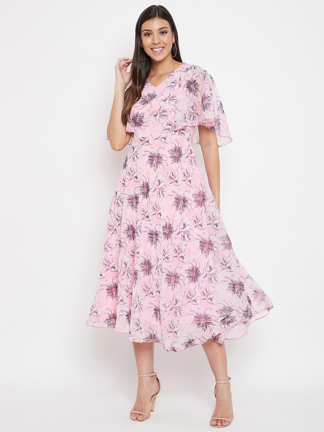 

HELLO DESIGN Women Pink Floral Printed Georgette Midi Dress