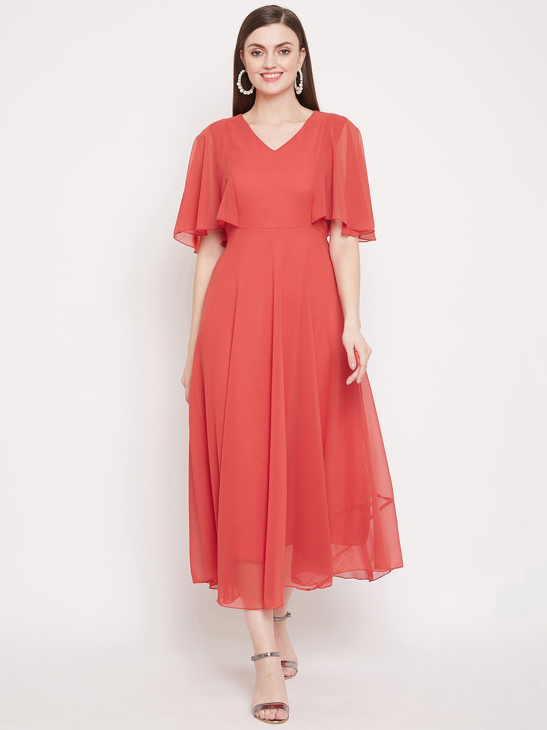 

HELLO DESIGN Coral Red A-Line Midi Dress