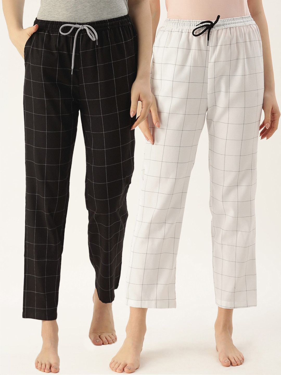 

Kryptic Women Pack of 2 Checked Pure Cotton Lounge Pants, White