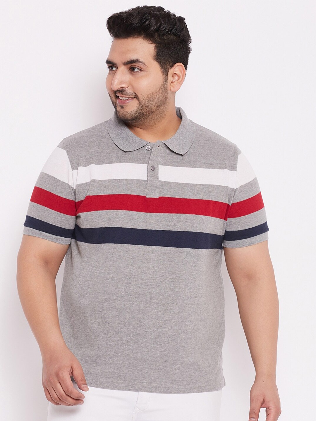 

AUSTIVO Plus Size Men Grey & Red Striped Polo Collar T-shirt