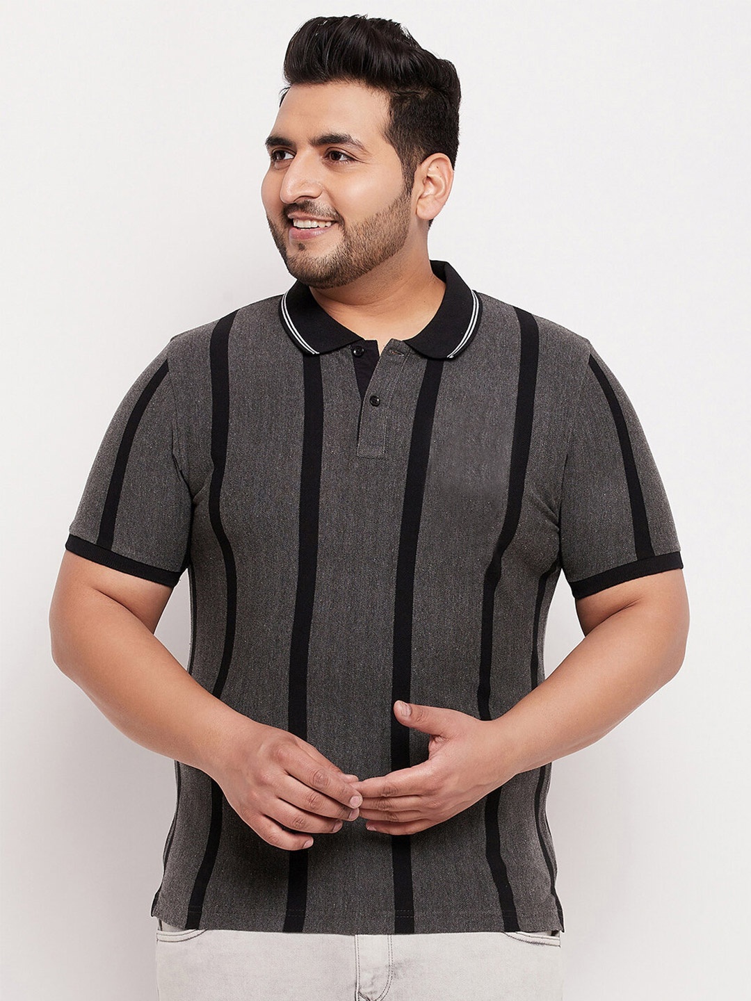

AUSTIVO Plus Size Men Grey & Black Striped Polo Collar T-shirt