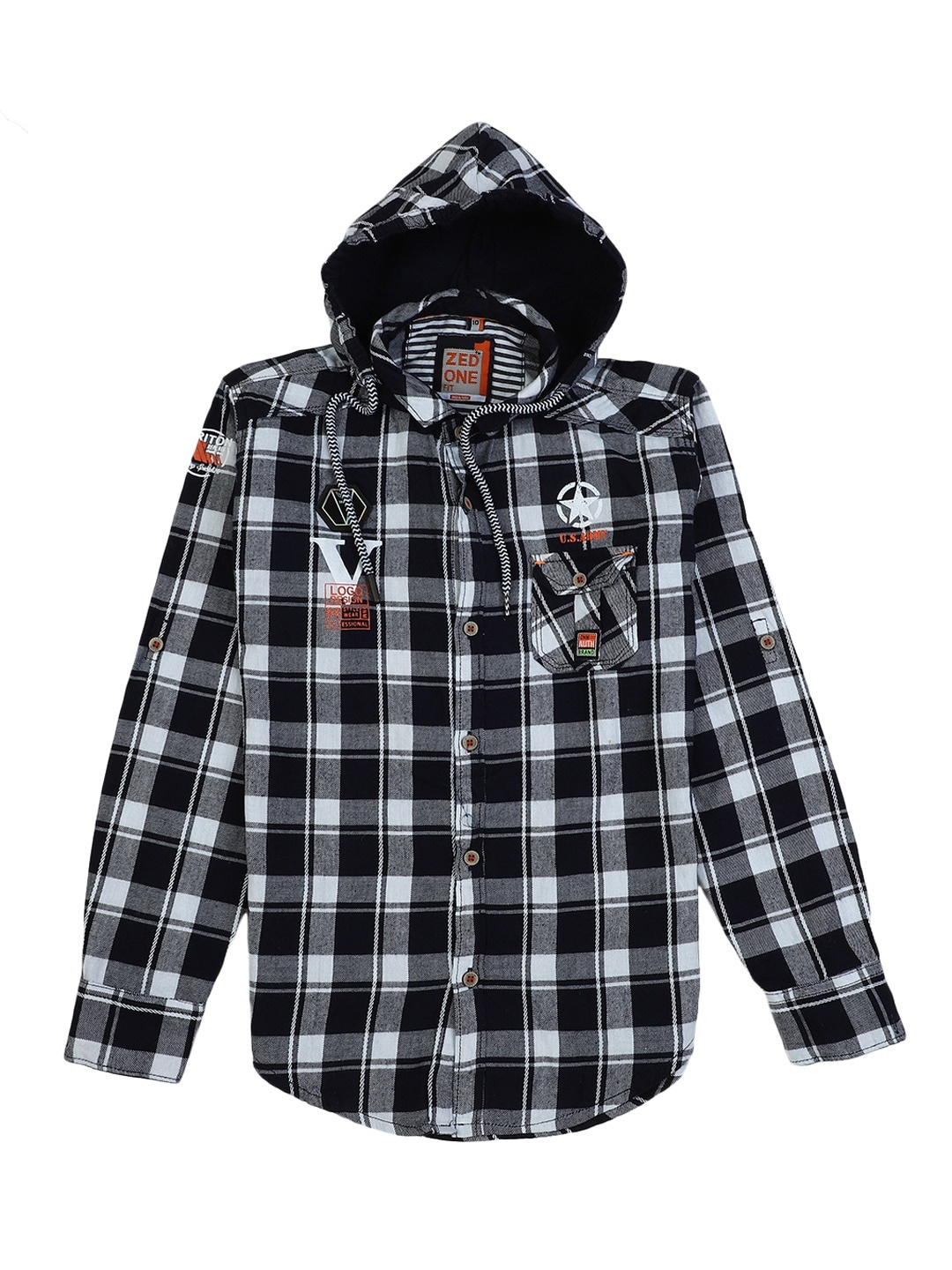 

V-Mart Kids Black Classic Checked Twill Cotton Hooded Casual Shirt
