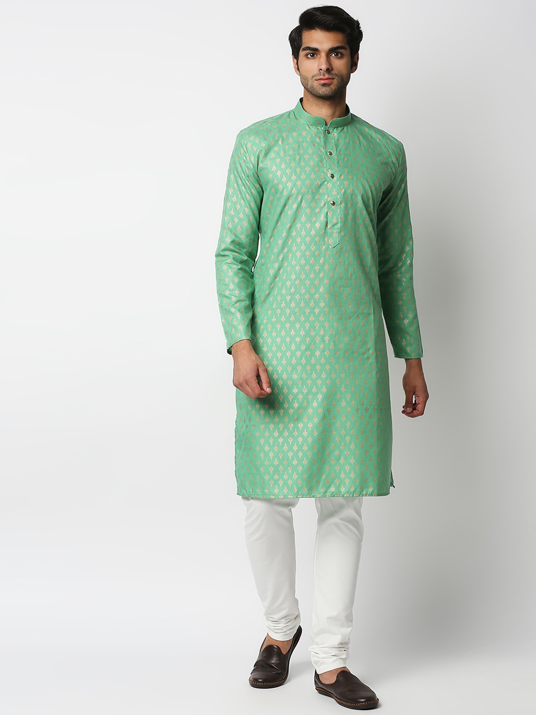 

MEWAR Men Green & Gold-Toned Ethnic Motifs Printed Straight Kurta