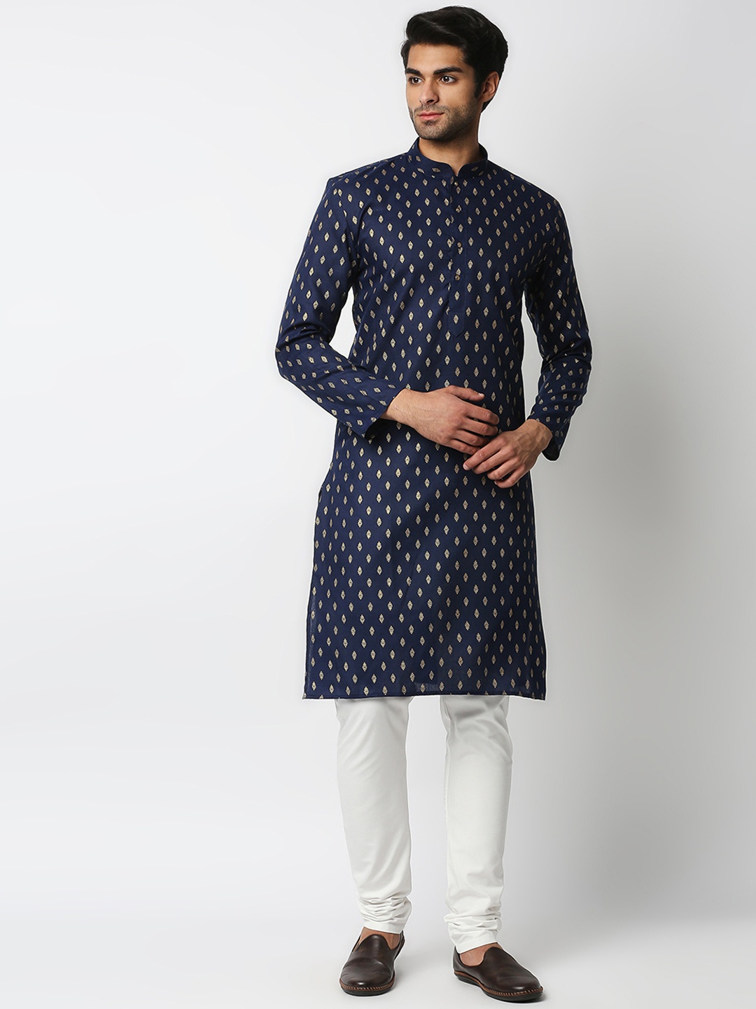 

MEWAR Men Navy Blue & Gold-Toned Ethnic Motifs Printed Short Kurta