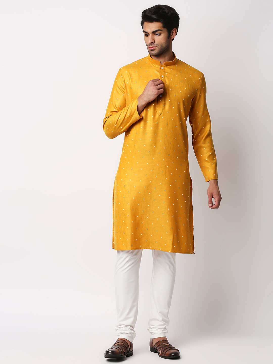 

MEWAR Men Mustard Yellow & White Printed Kurta