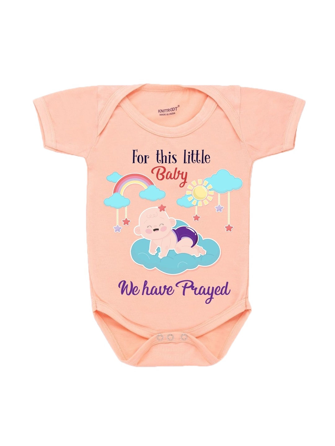 

KNITROOT Infant Kids Peach Coloured Printed Cotton Bodysuit