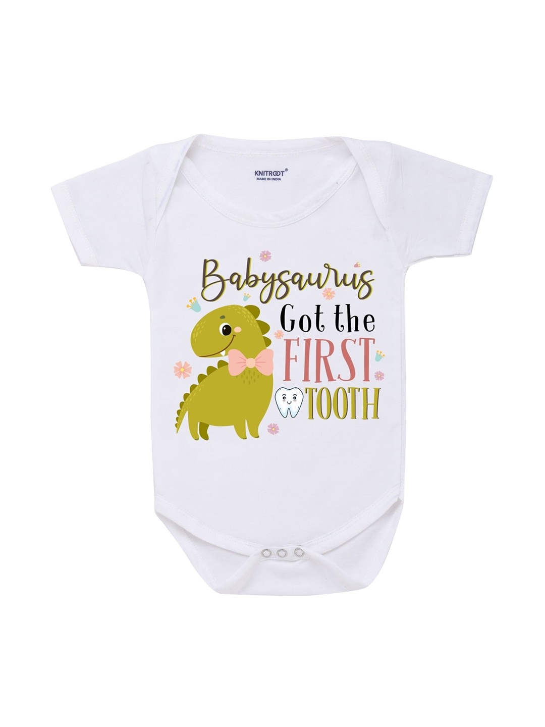 

KNITROOT Infant Kids White & Lime Green Graphic Printed Cotton Bodysuit