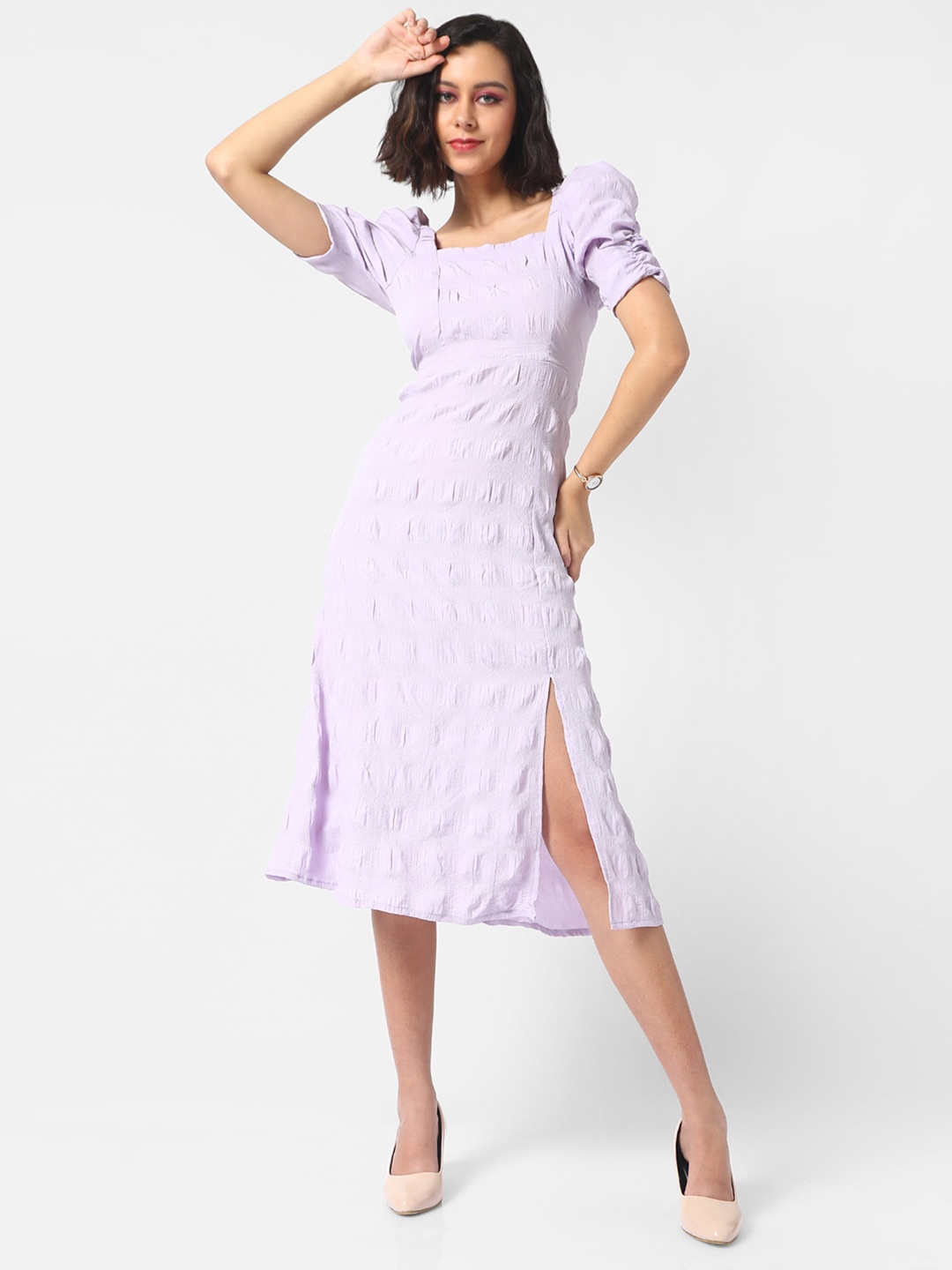 

Campus Sutra Purple Self Design Crepe A-Line Midi Dress With Side Cut, Lavender