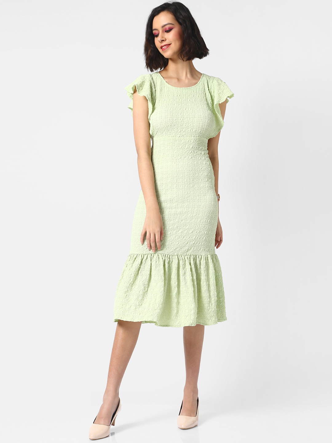 

Campus Sutra Green Seld Design Crepe Drop-Waist Midi Dress