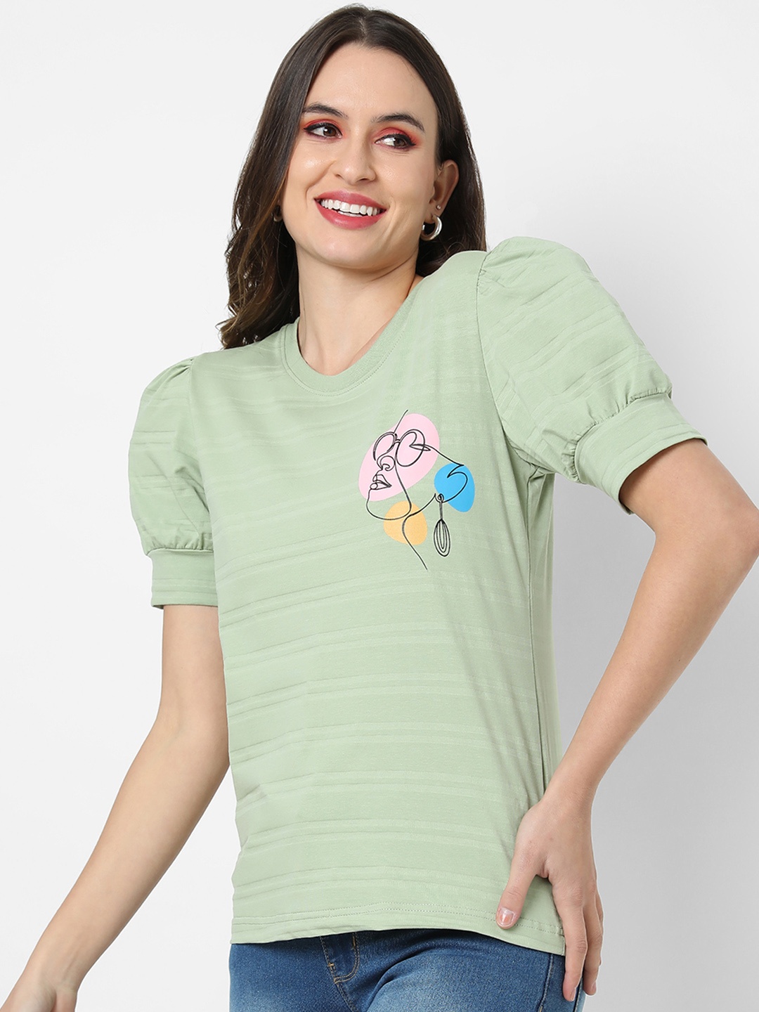 

Campus Sutra Green Print cotton Regular Top