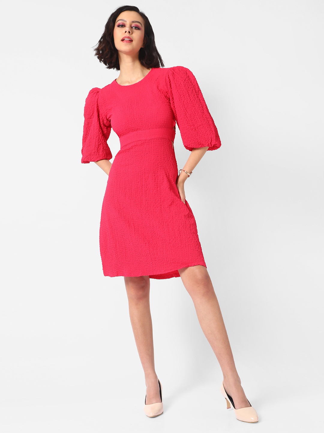 

Campus Sutra Women Fuchsia Solid A-Line Crepe Dress