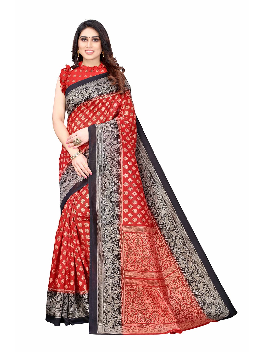 

AADVIKA Maroon & Navy Blue Printed Mysore Silk Saree