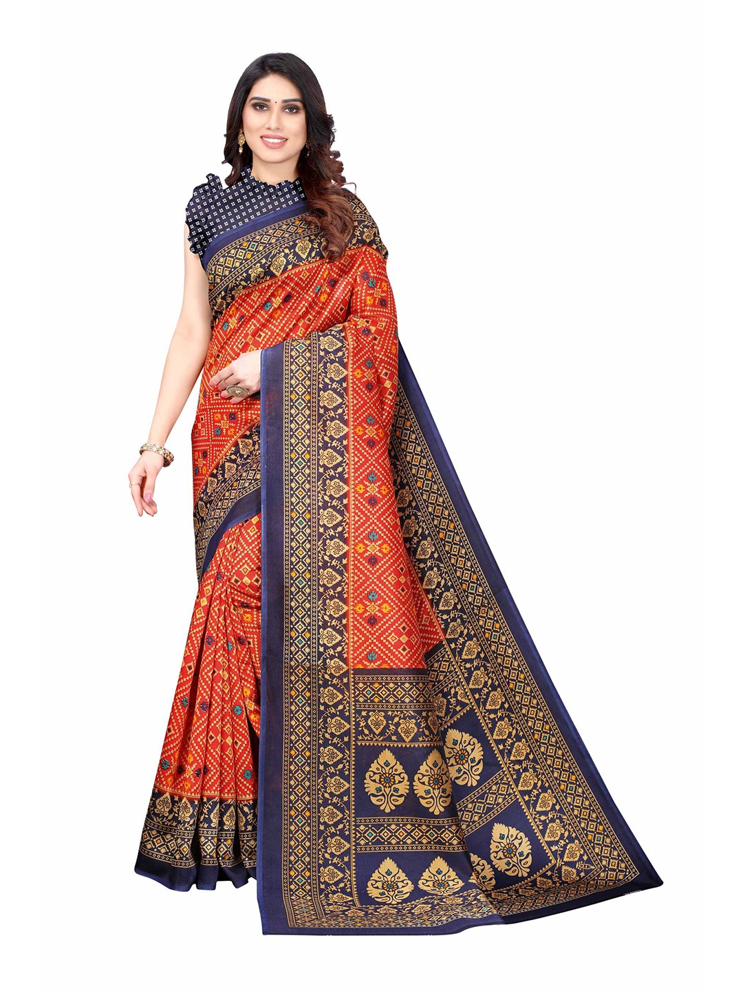 

AADVIKA Orange & Gold-Toned Ready to Wear Printed Mysore Silk Saree