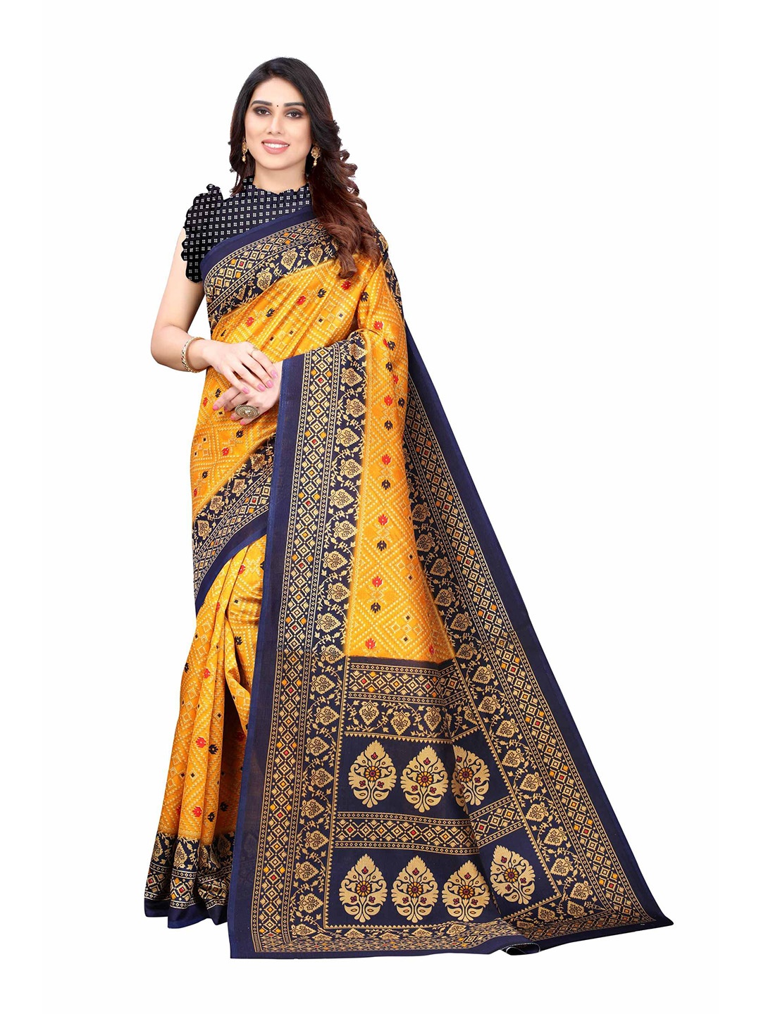 

AADVIKA Yellow & Navy Blue Ethnic Motifs Art Silk Mysore Silk Saree