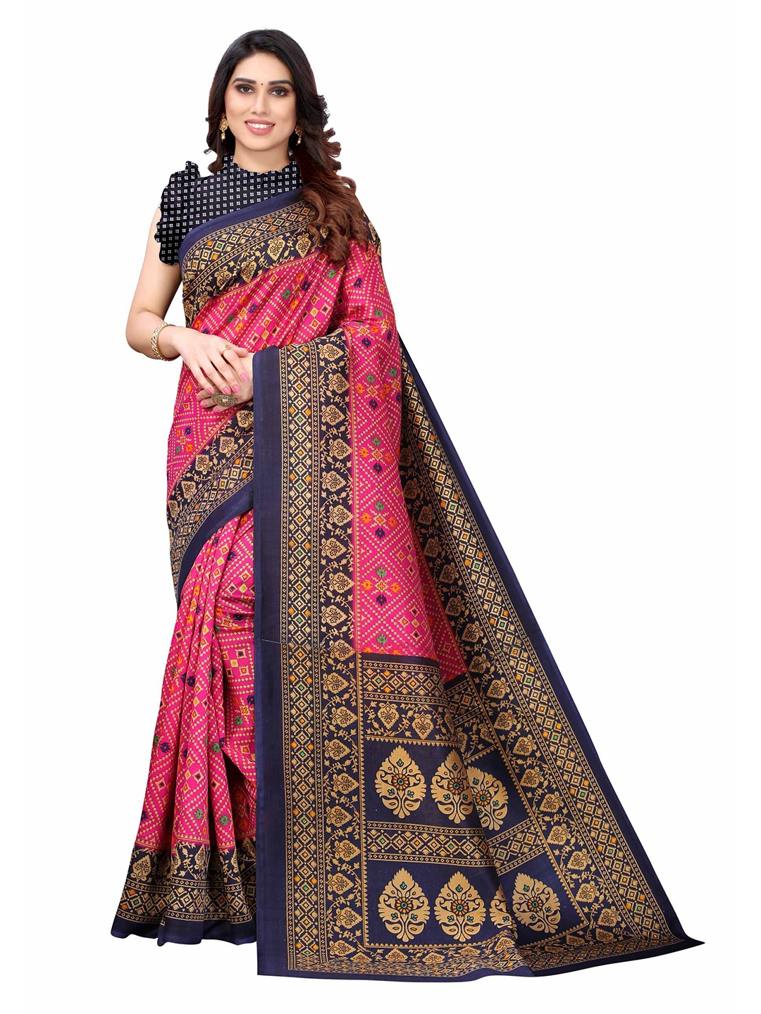 

AADVIKA Pink & Gold-Toned Ready to Wear Printed Mysore Silk Saree