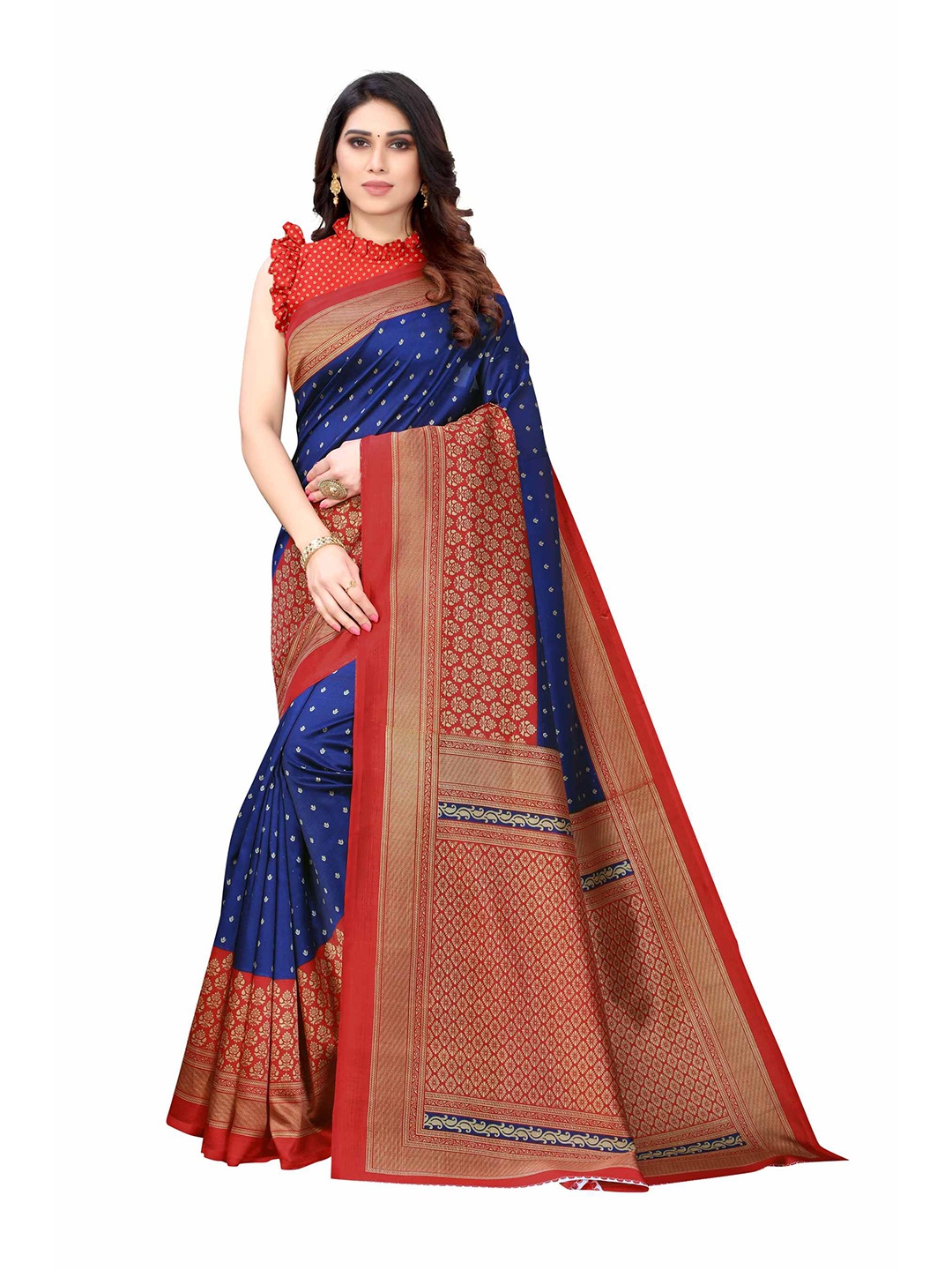 

AADVIKA Navy Blue & Red Ethnic Motifs Printed Mysore Silk Saree