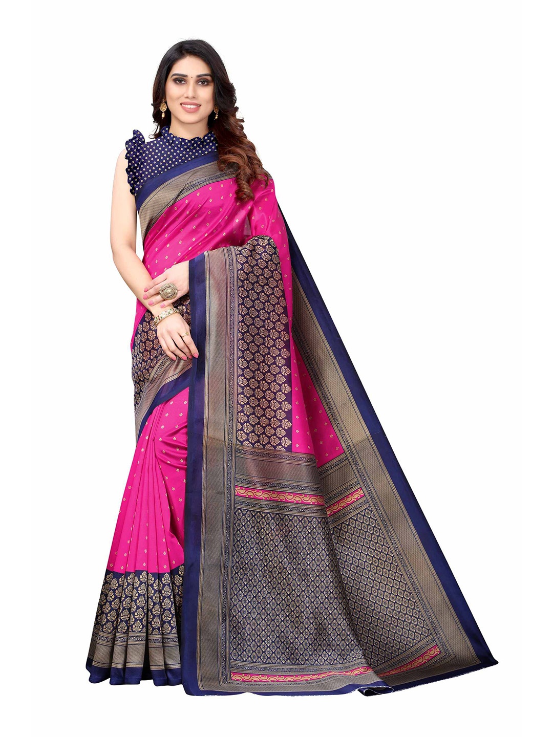

AADVIKA Women Pink Ethnic Motifs Printed Mysore Silk Saree