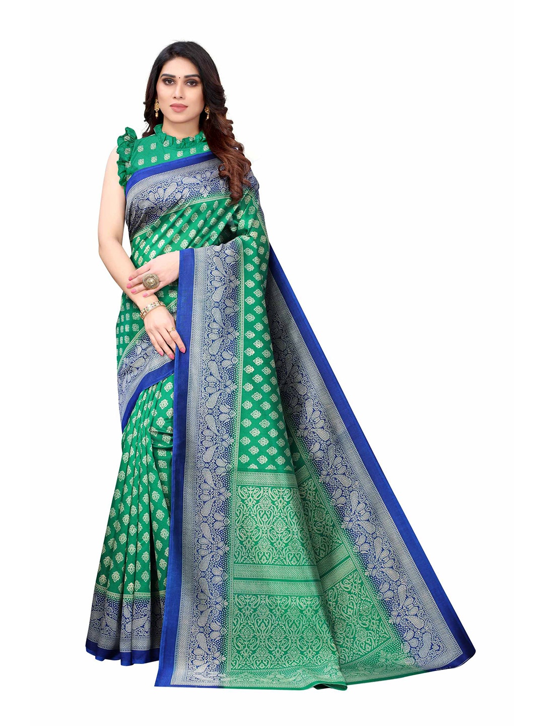 

AADVIKA Green & Blue Printed Mysore Silk Saree