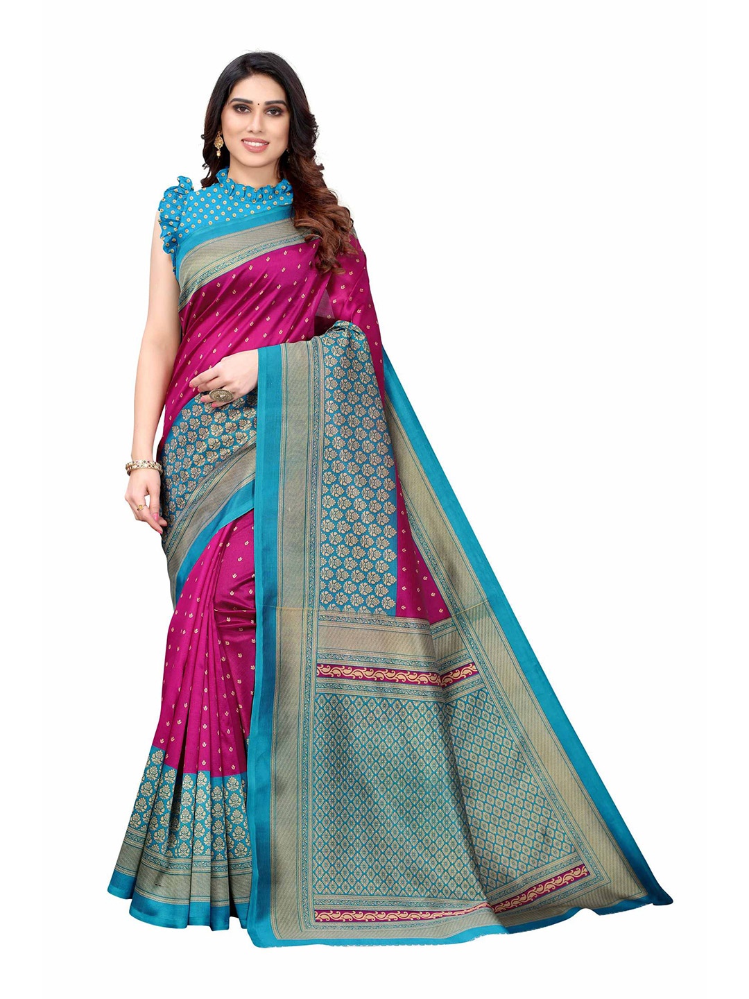 

AADVIKA Blue & Pink Ethnic Motifs Art Silk Mysore Silk Saree